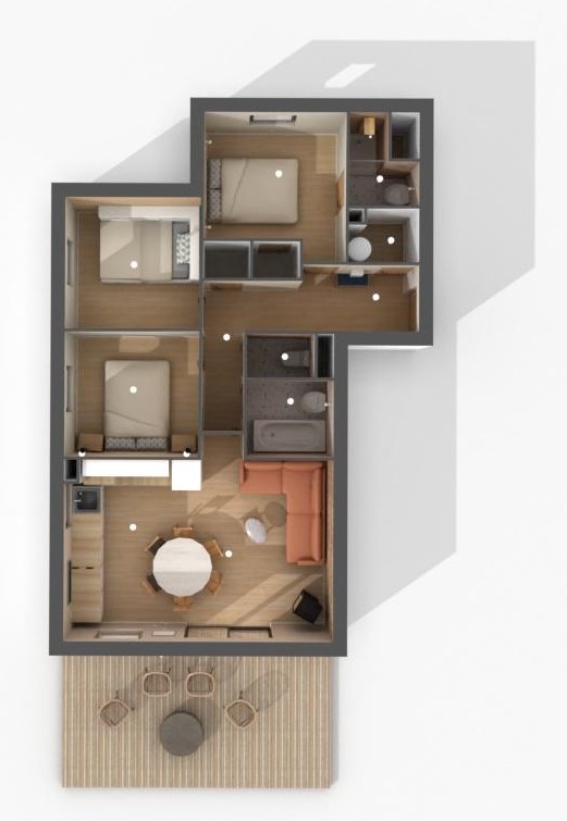 Plan 3D de l'appartement Cembro 1900 — 3 chambres, séjour, 2 salles de bain, terrasse 20 m²